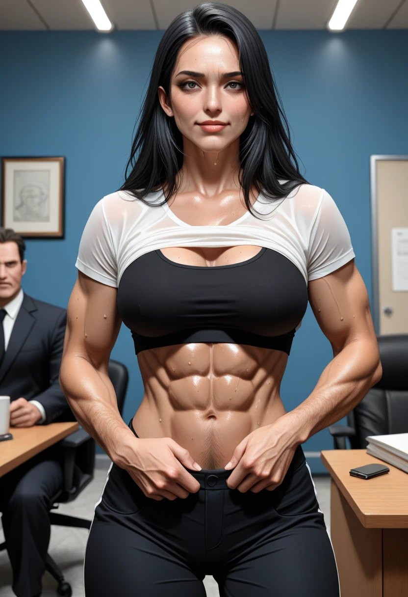 (highest quality,8K,masterpiece,55 years,Mature Woman,Pure white skin, ((Full body photography:0.85))、
Full breasts,huge breasts、 ((White collared blouse))、((Grey tailored jacket))、Grey pantsuit、Brown medium wave、
,A gentle smile、A gaze that seduces viewers、In-house offices、hand behind your head,midriff baring