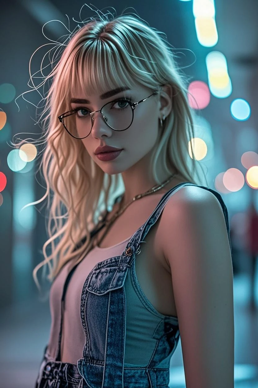 selfie of a 18 year old girl with light blonde hair , round face and blue eyes in a night city , camera flash, futuristic, seductive, motion blur, glasses, huge massive breasts, blurred background, lots of cleavage, thin sundress, image focused on large cleavage,