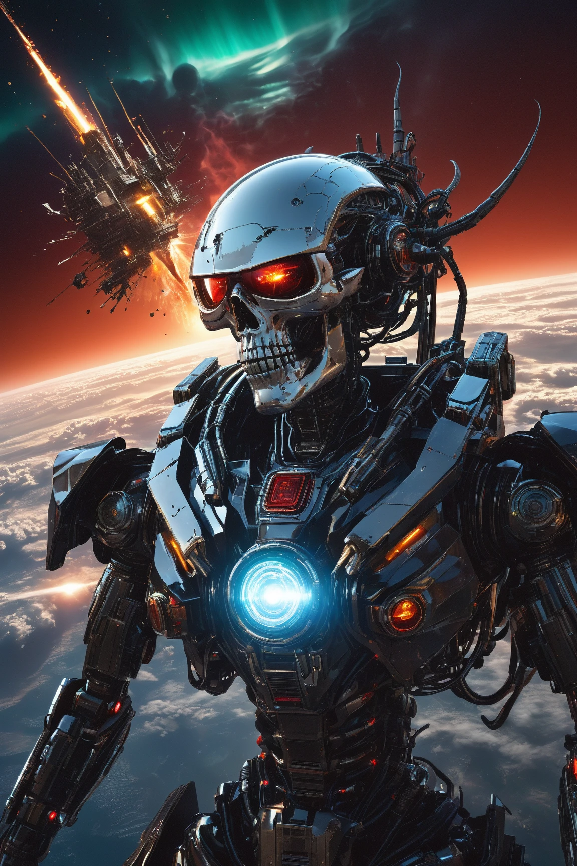 ((A full body terminator cyborg in future city)). (RAW photo, real life, absurdres, high quality, detailed, realistic:1.3), (solo:1.3), a high resolution photo of a t-800 with intricate details, with red eyes glow and metal shiny skull face and chrome metal body, eyes are red camera lenses. ((metal reflex fire, big flames, fog, smoke and dark background)), cinematic, atmospheric, 4k, realistic lighting, shot by Hassleblad camera, Zeiss lens, 50mm 1.2 lens, Octane Render, ultra realistic, realistic lighting, photorealistic, photorealism, unreal engine, highly detailed, intricate detail, <lyco:terminator:0.6> (((full body))), cracked, broken with lava inside, battle damage, flying aeroships, builds the head or helmet as faithfully as possible to the model,