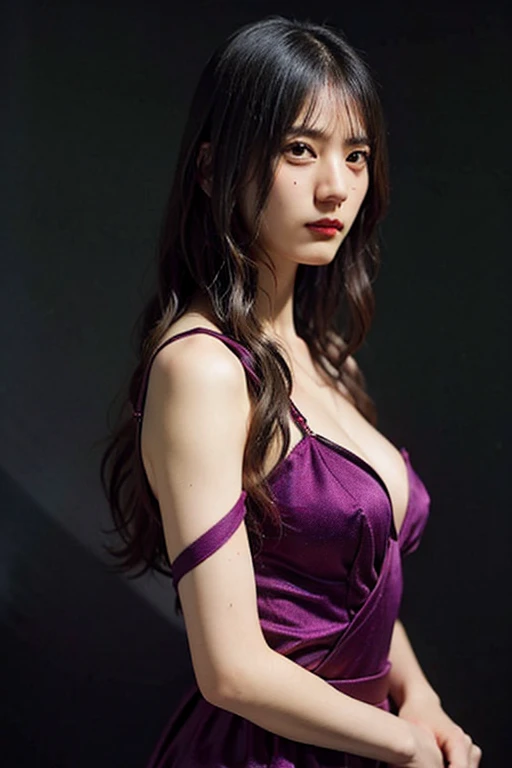 sexy model, purple theme, long hair, high contrast (Natural skin texture, Hyperrealism, Soft Light, sharp), portrait, standing, korean, bikini