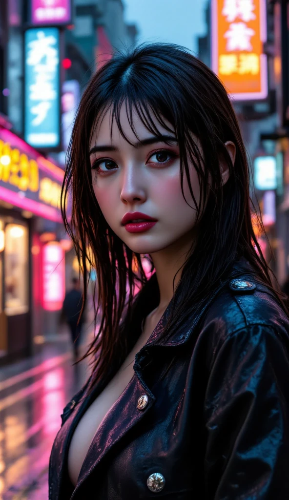 Best Illustrations, Woman covered in complex white cybernetics, Blue LED light, Combat Uniform, Cleavage, high tech, Ultra-high resolution, 32K, (Bikini Cyborg Robot Parts), (detailed:1.4), Cyberpunk City Background, Rainy Street, Beautiful Face, ((big ass)), Long golden hair, Professional Lighting, masterpiece, Very delicate and beautiful, Professional photos, (((Upper body shot))),