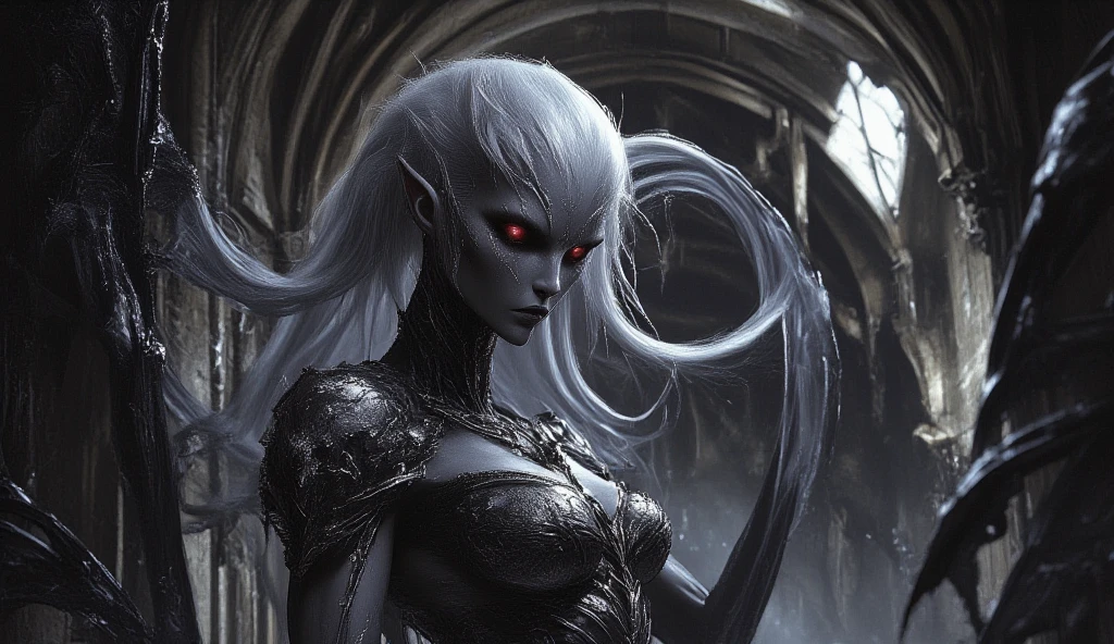 Drow knight white skin white eyes long white hair female