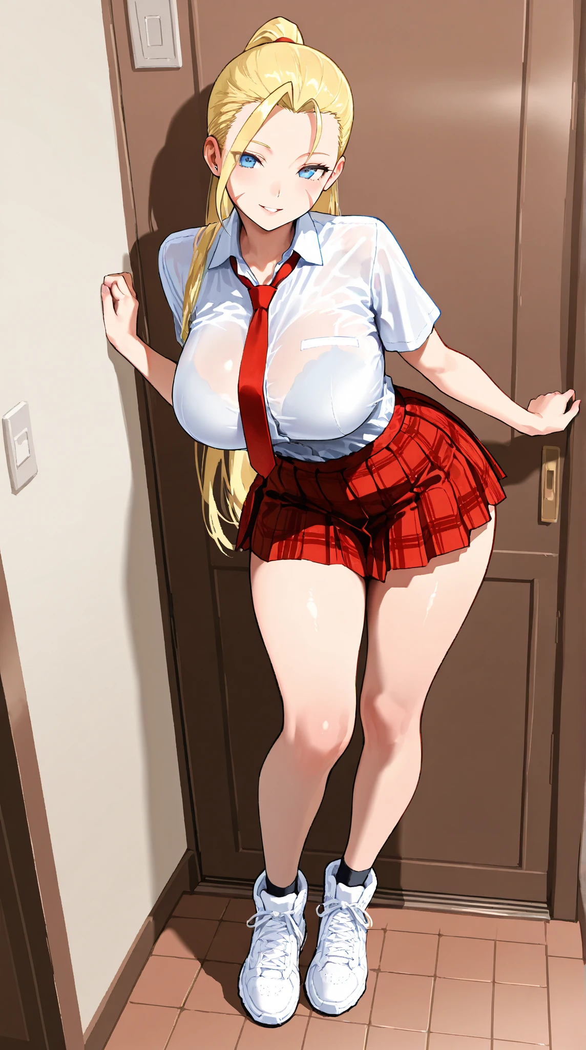 breasts, curvy, blond hair, long hair, glasses, tight clothes, white shirt and tie, panties, red short skirt