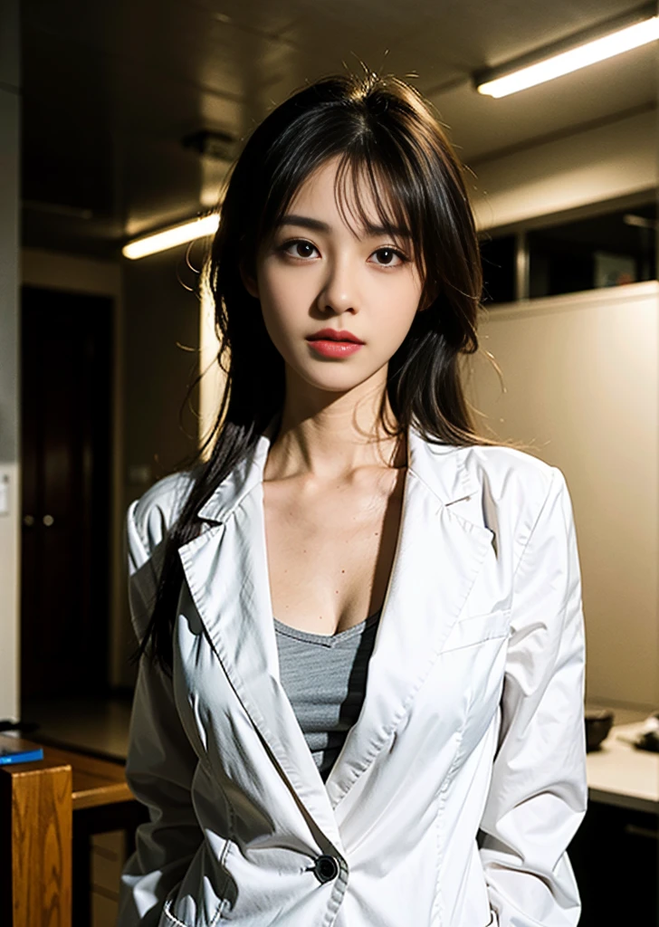 best quality, masterpiece, ultra high res, (photorealistic:1.4), RAW photo beauty Beautiful face Slender smile whole body leaning forward female doctor's white coat stethoscope Opens the chest hospital standing position, beautiful legs