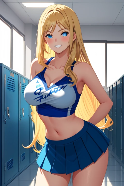 Rabbit girl High school cheerleader, solo, female, blonde hair, blue eyes, smiling, big breasts, cleavage, midriff, slim, small waist, small hips, european city, brick road, hands on hips, look at viewer, happy, looking at viewer, high quality, three-quarter view