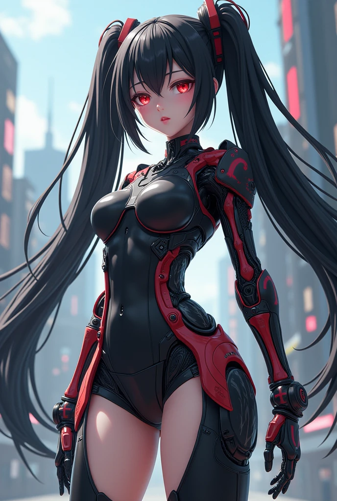alone, white ((twin tail hair)), red irises (eye), cute face, red lipstick, shy cheeks,  slender body, thin hips, big breasts, contour of the nipple, wearing full black ((heavy cyberpunk armor)) with deep red lighting, (black tech jacket)), black cyber cat ears woth deep red lights, SF, cyberpunk city in the background, black ((Torn leotard in skintight armor with crimson lights)) In the Style of Cyberpunk 2077, outside, Elevated view of cyberpunk city, There are a lot of bright red lights in the city, squat, towards the audience, legs parted, eyeに見えるメコスジ, eyeに見えるヴブラ, super realistic photos, masterpiece, 最high quality, cg, wallpaper, HDR, high quality, High resolution, very detailed, {beautiful detailed face}, {beautiful detailed eye}, (detailed light){{intricate details}}, {High resolution}, ((detailed face)), bright red light, chiaroscuro, Key Visual, intricate details, very detailed, breathtaking, vibrant,