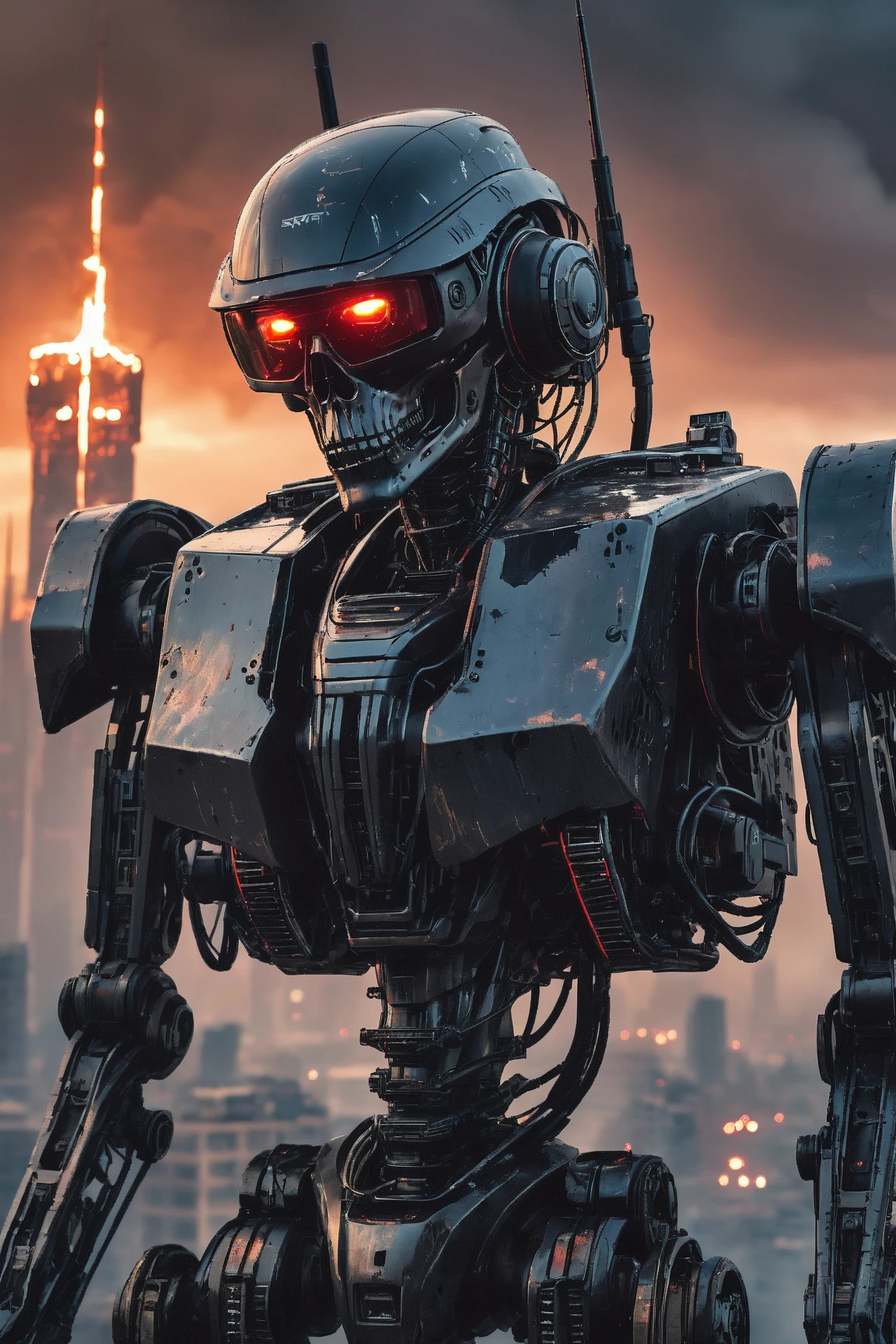 syberart, centered, create a dramatic and action-packed terminator. Use advanced photography and image editing techniques to realistically capture intense expression and posture, and play with light and shadow to add depth and drama to the image. Incorporate elements of the battlefield, such as debris and destruction, to add context and visual interest to the image. Make sure the image has high resolution and impeccable image quality to ensure a very realistic and dynamic appearance