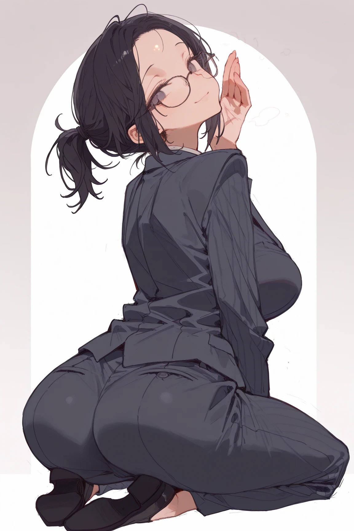 nsfw,highest quality,(8K Portrait),(Official Art)、obesity、((short hair))、blush,((Black Hair)),(Sweat),Black knee socks、One Woman,((:teeth))、hot、Office Room、Glasses、Thick thighs, How stupid, liar, Open legs, detalled, Down the Out、(Dynamic pose)、teethらしない身体、Dynamic Angle、Turn around、High neck sweater、On all fours、On my knees、Angle from behind、Cowboy Shot、Bottomless