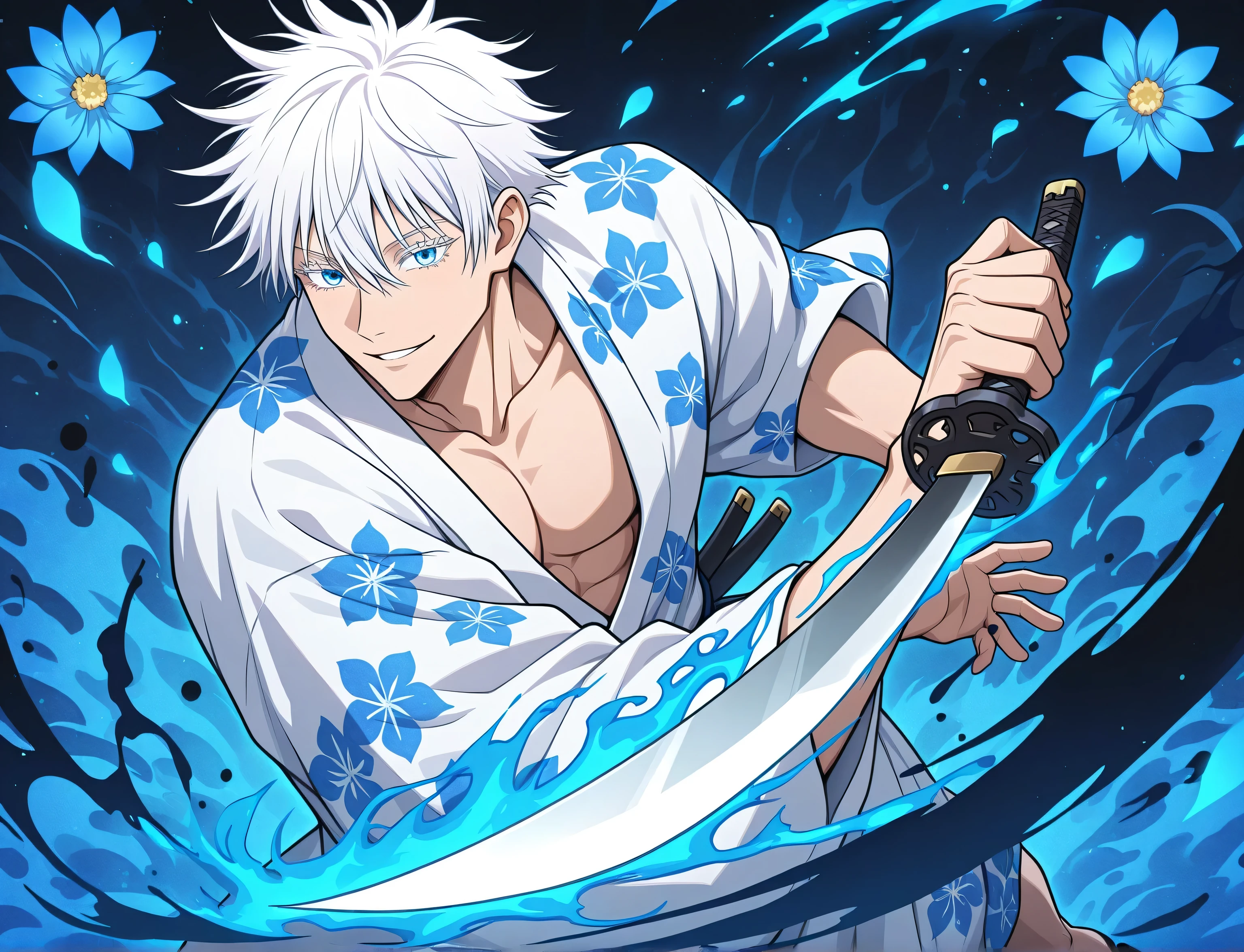 1man, adult, male focus, gojou satoru, jujutsu kaisen, white hair, short hair, ((hair between eyes)), colored eyelashes, white eyelashes, blue eyes, intricate eye iris, detailed eyes, muscular male, sexy man, handsome man, handsome face, white kimono with blue flower patterns, dynamic pose, dynamic composition, katana, sword slash effect, sword aura, ink background, ink splats, full body