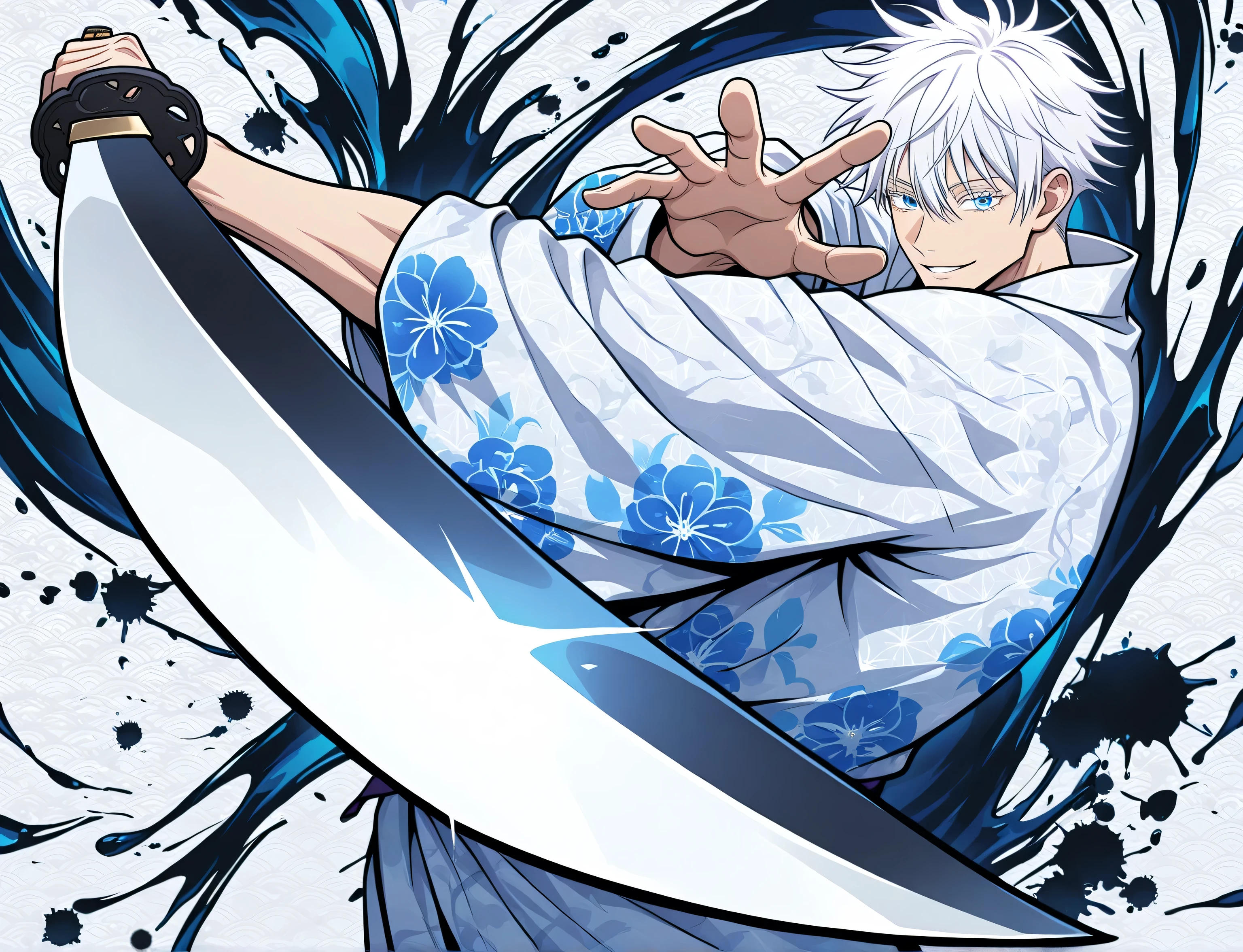 1man, adult, male focus, gojou satoru, jujutsu kaisen, white hair, short hair, ((hair between eyes)), colored eyelashes, white eyelashes, blue eyes, intricate eye iris, detailed eyes, muscular male, sexy man, handsome man, handsome face, white kimono with blue flower patterns, dynamic pose, dynamic composition, katana, sword slash effect, sword aura, ink background, ink splats, full body