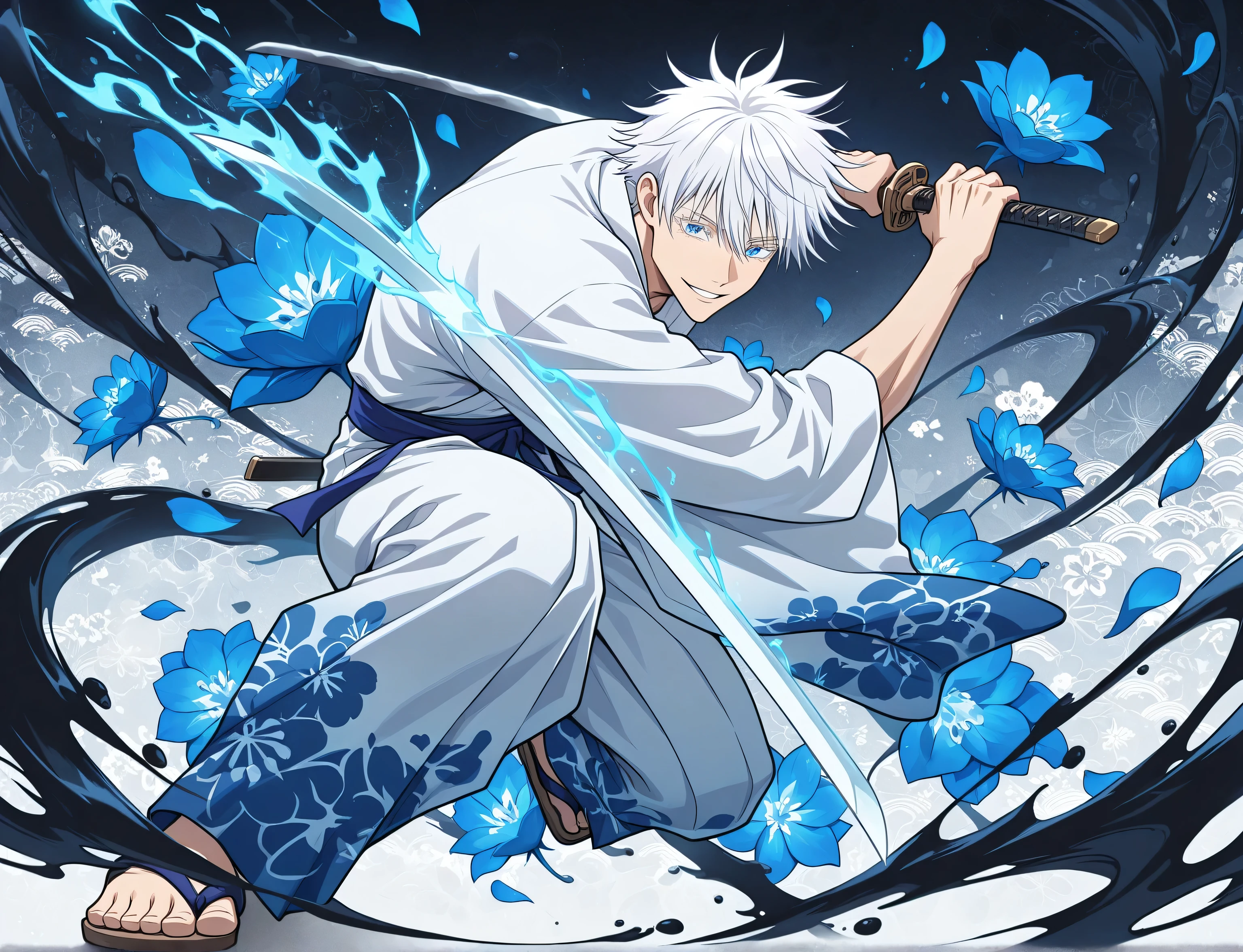 1man, adult, male focus, gojou satoru, jujutsu kaisen, white hair, short hair, ((hair between eyes)), colored eyelashes, white eyelashes, blue eyes, intricate eye iris, detailed eyes, muscular male, sexy man, handsome man, handsome face, white kimono with blue flower patterns, dynamic pose, dynamic composition, katana, sword slash effect, sword aura, ink background, ink splats, full body