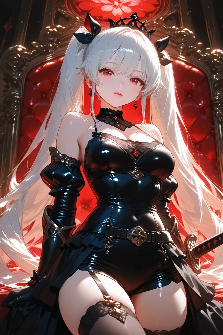 pale young divine gothic priestess, twintails, pure white skin, rust decay, Beautiful full body symmetrical portrait, Delicate blonde hairstyle, crimson eyes, dark red elegant gothic armor, encrusted with red gems, dark cathedral, masterpiece, Highest image quality, super detailing, upscaled, art by Zdzislaw Beksinski, art by H.R. Giger, absurdres, highres, (official art, beautiful and aesthetic:1.2), real, 4k, 8k,