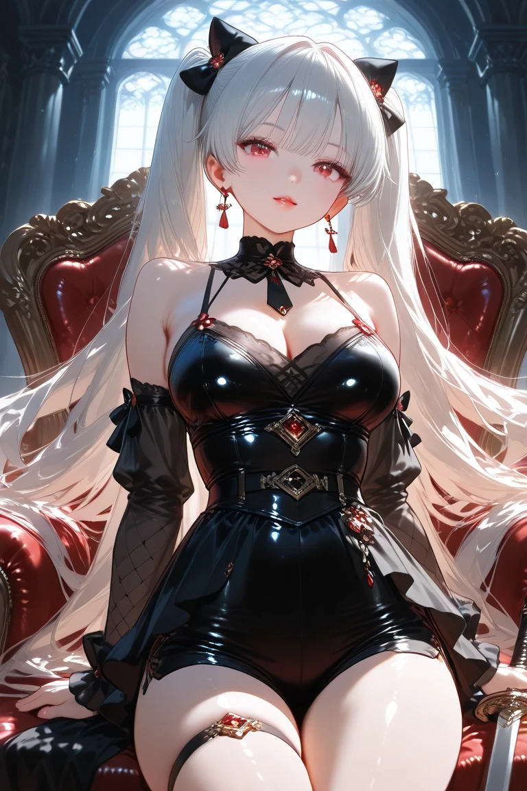 (best quality,4k,8k,highres,masterpiece:1.2),ultra-detailed,HDR,UHD,studio lighting,ultra-fine painting,sharp focus,physically-based rendering,extreme detail description,professional,vivid colors,bokeh,girl sitting, dress, demonic horns white hair, red eyes, anime style, beautiful face, cinematic light