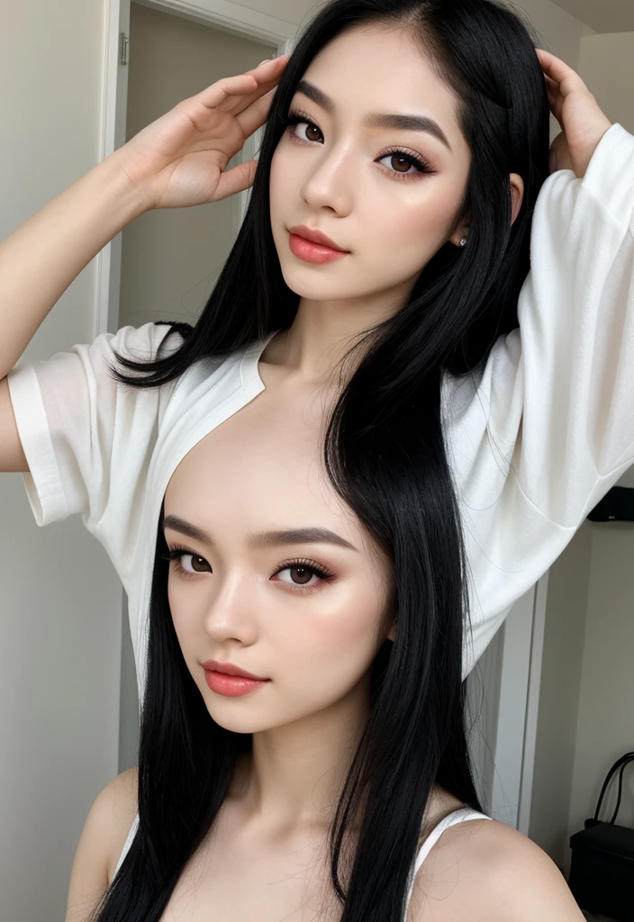 two asian women with tattoos on their arms and arms, of taiwanese girl with tattoos, ulzzang, popular south korean makeup, nixeu and sakimichan, two color hair, sakimichan, beautiful gemini twins portrait, inspired by Wang Duo, popular korean makeup, straight grey hair, with black, korean girl, with white long hair, silver color