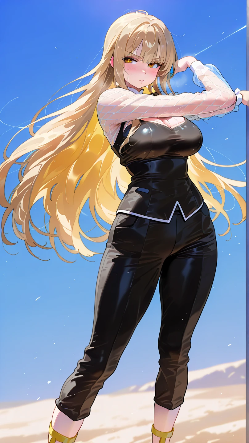 Blonde long hair woman, blue eyes, hide, slender, Thick legs, Wearing a tight black swimsuit、Wearing black gloves, With legs open,M-shaped legs,