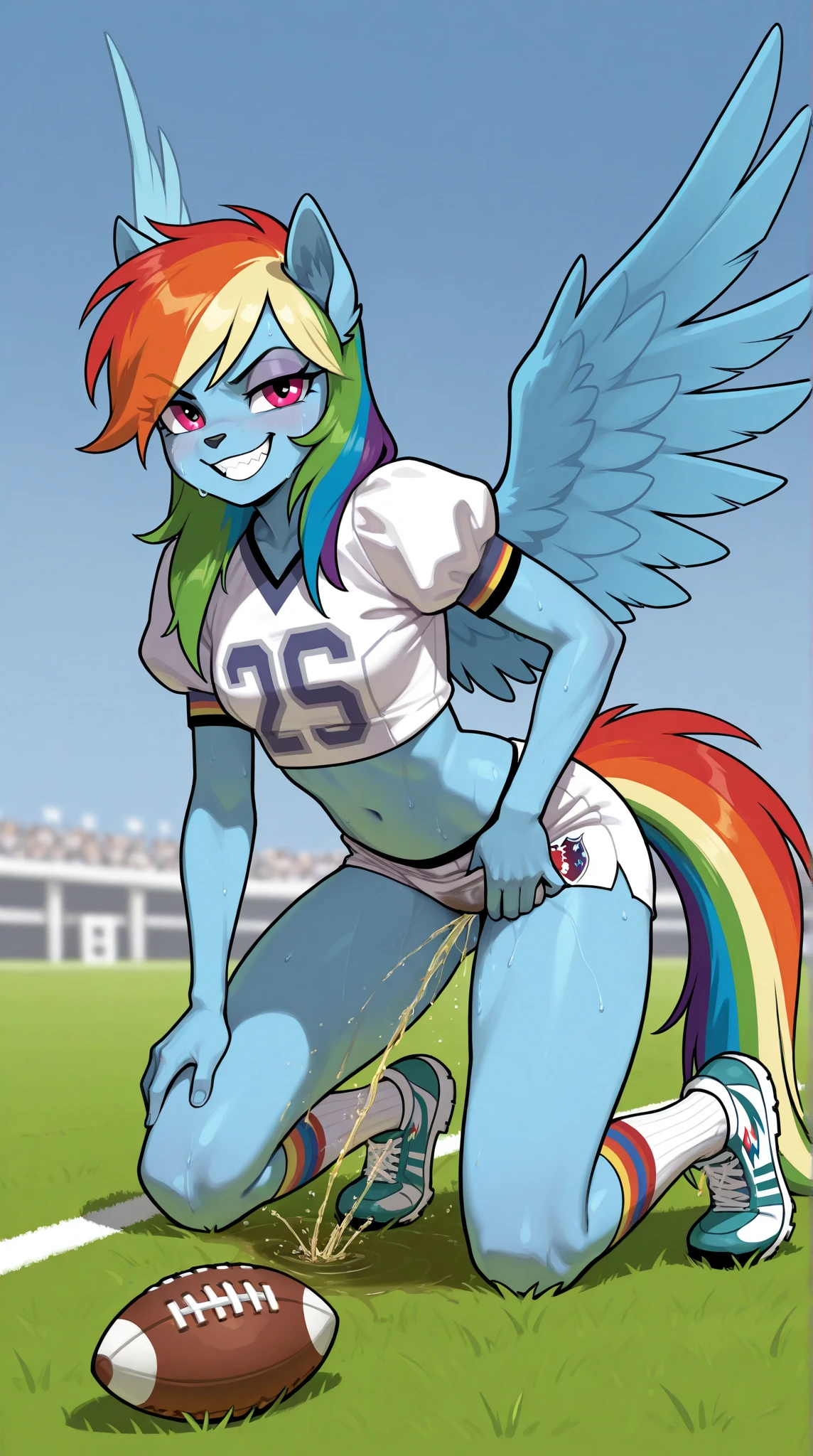 La mejor calidad, alta calidad, una chica linda, solamente, Rainbow Dash, sudadera con capucha, pantalones de yoga, Piernas abiertas, Piernas abiertas, tetas desnudas, trasero desnudo, vagina desnuda, (solo desnuda)