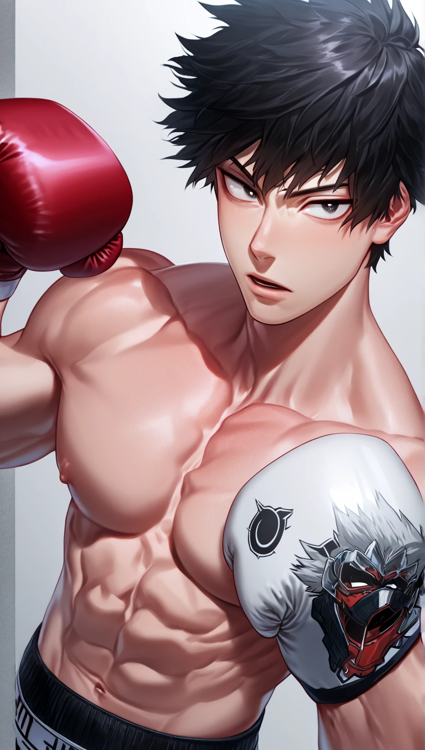 best quality, masterpiece, extremely detailed, close up of muscular bodybuilder man's torso, hands hold open red tracksuit jacket, exposed chest, left nipple ring, big plain silver medal hang from his neck, tracksuit pants lowered to hips, hips exposed, no background, gay, homoerotic, ambient lighting, extremely dramatic shadows, perfection, no watermark, no logo, no signature