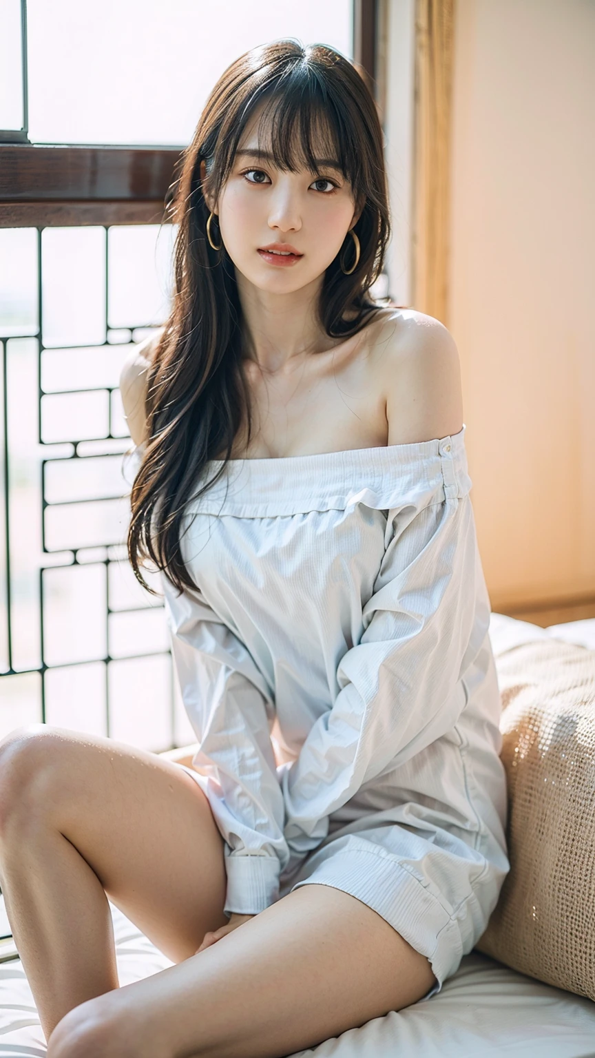 ((Top Quality, 8k, Masterpiece: 1.3)), 18 year old girl, (Slender: 1.1), Sexy, Dark Brown Long Hair, (Big Gray Mohair Sweater), ((Black lace Panties)),look back, Window, (Backlit: 1.2), Ultra Detailed Face, Detailed Lips, Detailed Eyes, Double Eyelids, ((Back View)), ((beautifulass: 1.2))