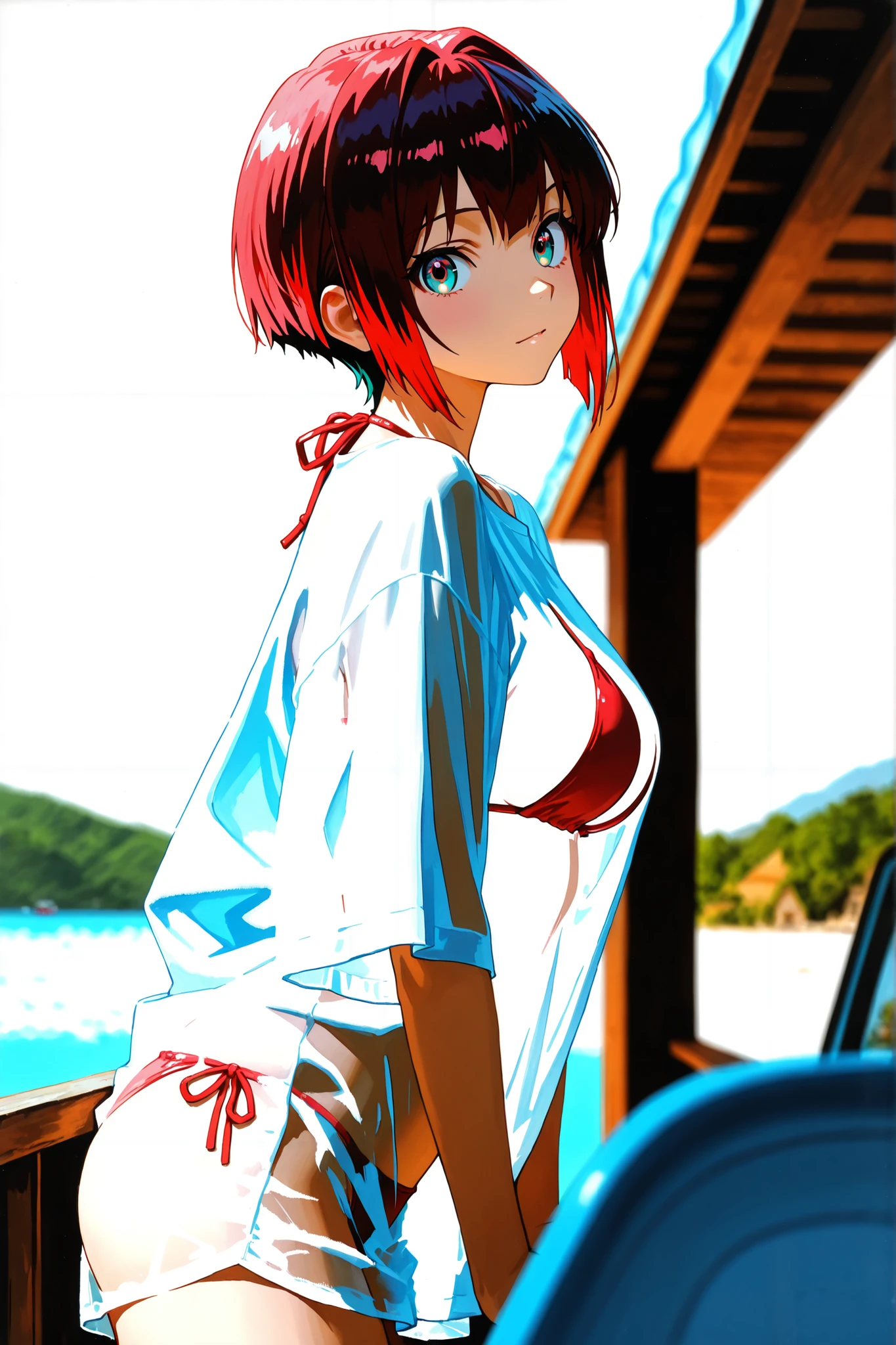 1girl, amate yuzuriha,short hair,red hair,multicolored hair,aqua eyes,multicolored eyes,loose transparent T-shirt, bikini top, bikini bottom,depth of field, fake traditional media, Picturesque, Impressionism, masterpiece, high score, Great score , very high resolution highlights (masterpiece) 、 (Best Quality)) 、 (Super Detailed) , beautiful girl , Beautiful detailed face ,perfect 5 fingers , perfect human structure , Perfect Anatomy ,beautiful light effect,beautiful light effect,