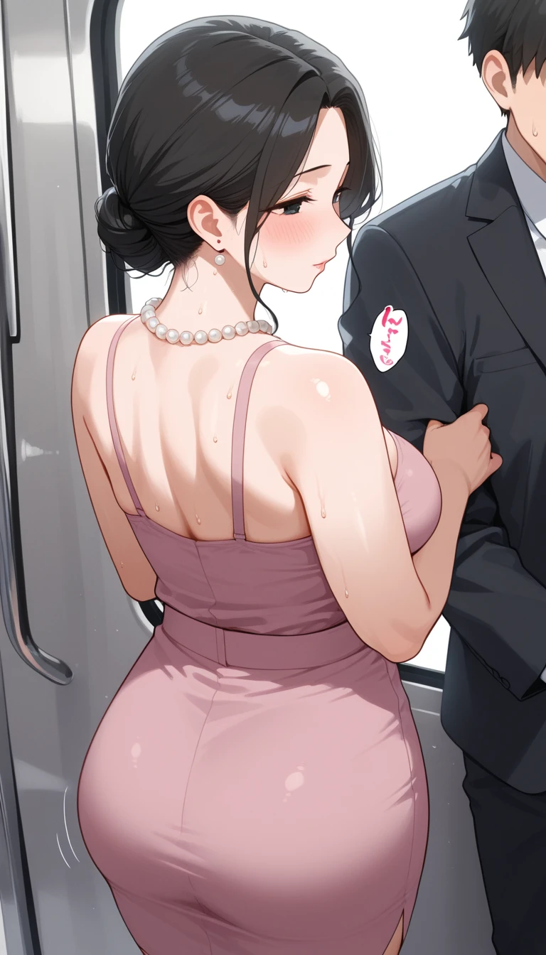 Front view, Mature women, man standing behind her and grabbing her breast, man chest is pressing on woman back, blush, crowded train, cleavage, realistic body proportions, molestation