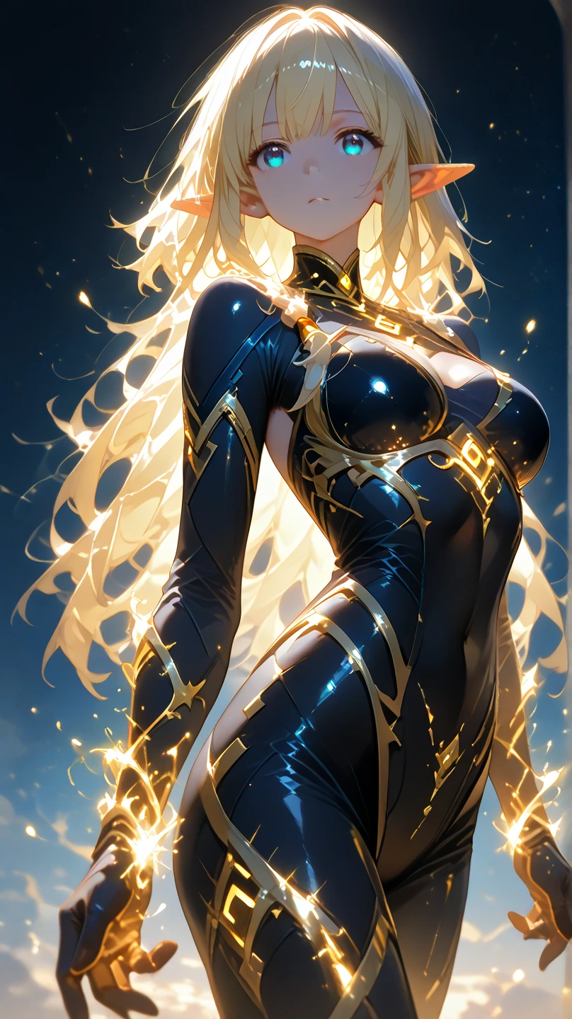 full body portrait,dark skin,blonde hair,blunt bangs,hair tubes,black dress,sitting,spreading legs,crystal jewelry,a princess,starry sky,orphic night,moon in center portrait,open top,(masterpiece,best quality,detaild skin),trending on artstation,big breast,perfect anatomy,narrow waist,halo,cinematic lighting,nsfw