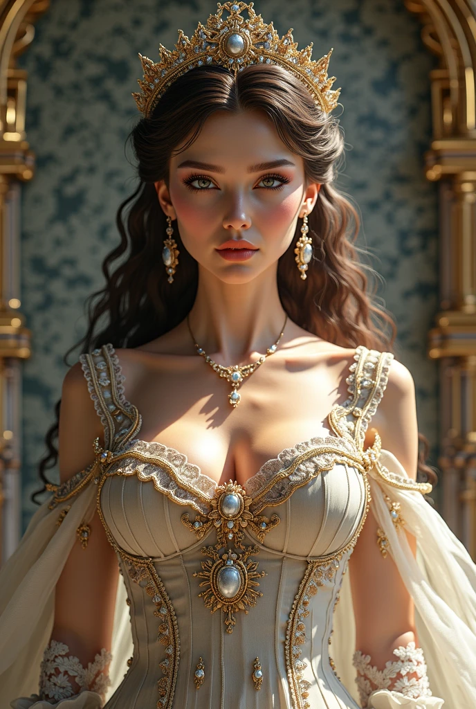 portrait Paris Jackson, wearing ball gown costume, against the background of the ballroom, character portrait, 7 9 9 0 s, curly hair, intricate, elegant, highly detailed, digital painting, artstation, concept art, smooth, sharp focus, illustration, art by wlop, charlie bowater and alexandra fomina, 36k, glittering, shining, correct anatomy