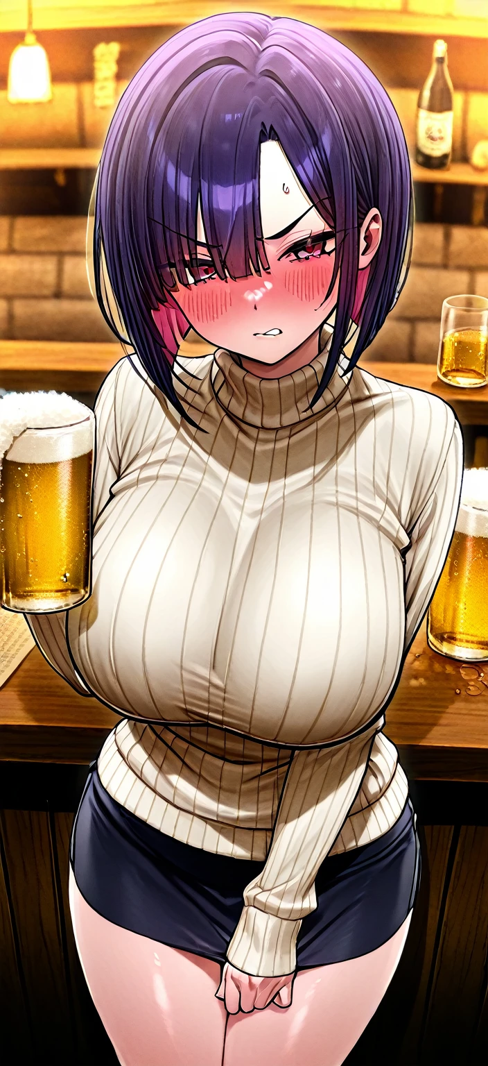 2heads, a short chubby nerdy woman with 2 heads. She is in a bar. She is dancing. She is smiling wide. She has gigantic boobs. She is visibly drunk. She is sipping a drink. She has enormous breasts. She is wearing a sweater and jeans. She is flirtatious. She has giant breasts. She is short and chubby. She has massive breasts. She is wearing a bright low-cut sweater. Her cleavage is slipping out from her sweater. She has giant breasts.