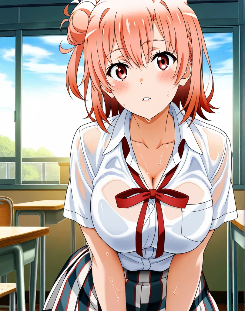 ((Highest quality, High resolution, Perfect Pixel, 4K)), (Beautiful Anime),
Watching the audience,
Perfect body,
yuigahama yui, (Big Breasts:1.3)、Detailed eyes、Brown eyes、
(blush:1.3)、
wearing navy buruma and gym uniform、
Depth of written boundary、
Focus on the chest、(Sweat:1.2)、
belly button、Groin、
School classroom、
