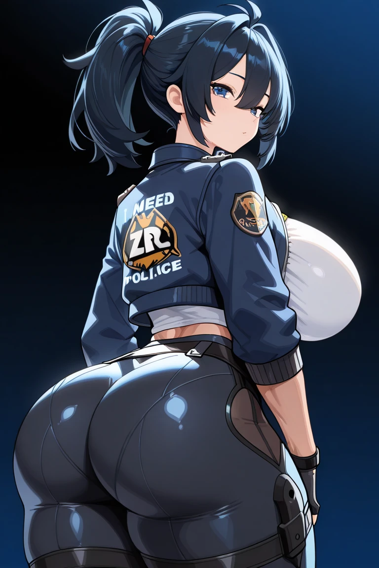 1girl, tan skin, tan, tan-skinned female, from behind, ass, ass focus, thong, panties, jacket, smile, smirk, smug, breasts, huge ass, ((huge ass)), thick thighs, mature female, milf, hourglass figure, black hair, very short hair, yellow eyes, forest, black jacket, ((black jacket)), hooded jacket, belt, military hat, cap, gloves, highleg, spiked hair, ((highleg)), military jacket, bare legs, tomboy, ((walking)l, walking