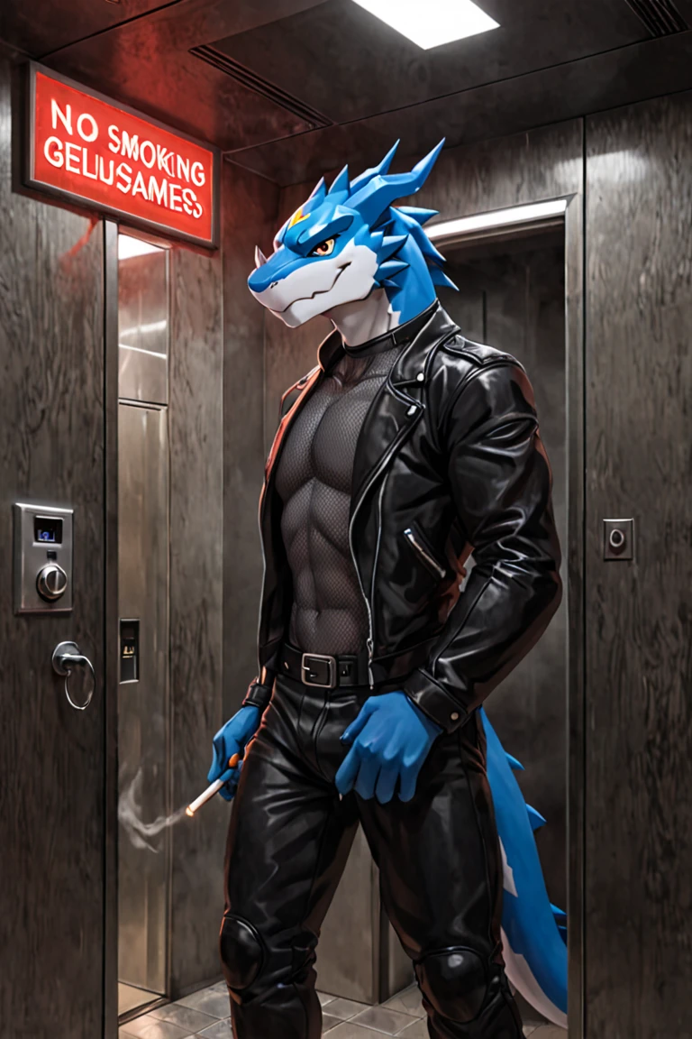 white sergal with buff athletic build wearing partial black latex outfit, giant bulge,, with collars and straps, dynamic pose, by darkgem
