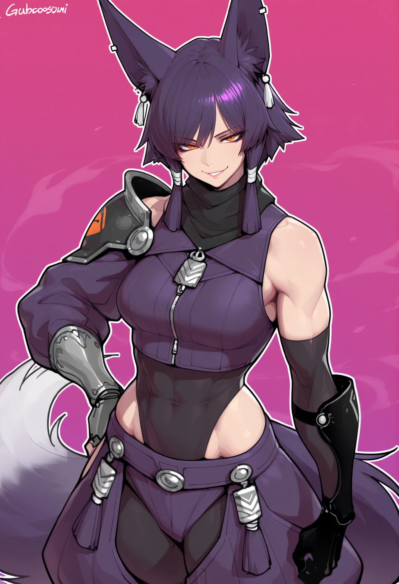 gorgeous kitsune girl, beautiful face, kitsune, hair of ash-purple color, beautiful woman, orange eyes, slit pupils, personalami style, volputrous body, toned woman, curvy and athletic, fox ears, short hair, dark adventurer jacket, buggy pants, single pauldron, single vambrace, single gauntlet, black hands, fox tail, sly smile, attractive proportions, defined athletic arms and legs, athletic lanky body, fox ears, calm dominant expression, hair tubes, half-closed eyes, medium breasts, huntress, masterpiece, ultra definition, simple white background