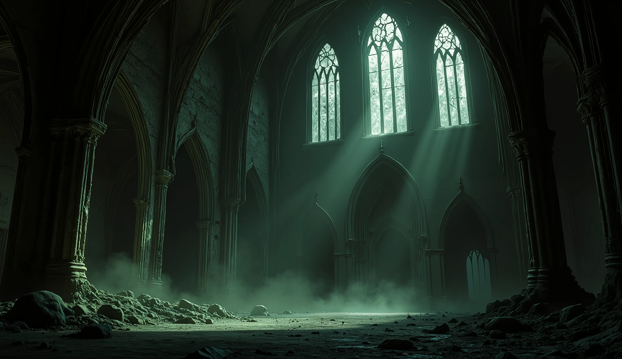 Eerie abandoned church, gothic horror style, broken stained glass, unsettling silence.