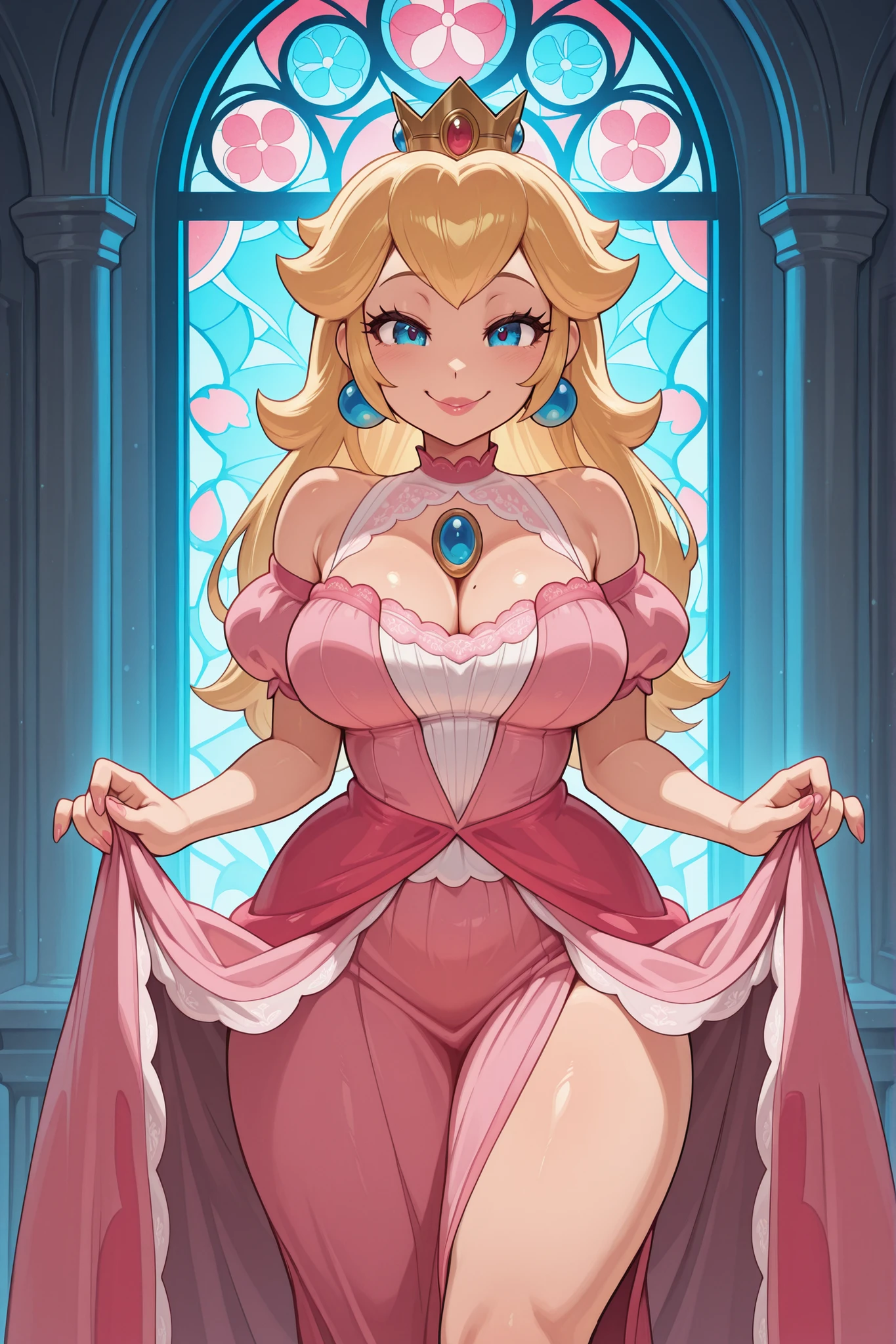 Princess Peach, one girl, blonde, cute, happy, nice smile, young, bright sunlight, Full body image, Are standing, dance, (masterpiece:1.2), best quality, masterpiece, top quality, looking at viewer, castle, castle gate, flowers, shining eyes, blush, spread legs, portrait, show crotch, between legs,((She shyly lifted her skirt Showed panties)), looking at viewer, smiling, cute, adorable, skirt lift, Panty, simple panties, (large breasts:1.5,) white panties, dress lift, cameltoe, from below,