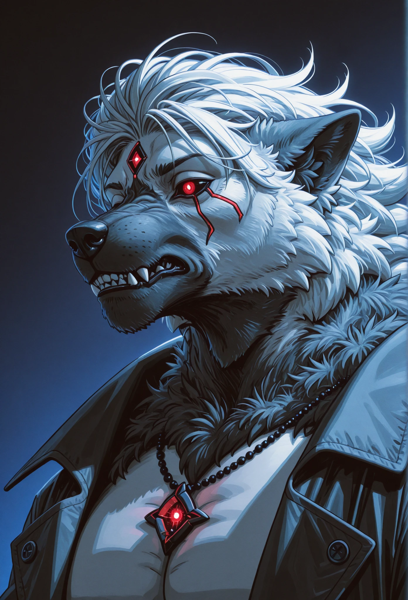 White wolf, male, brown shirt, black short hair, deep blue eyes, scar in left eye, angry