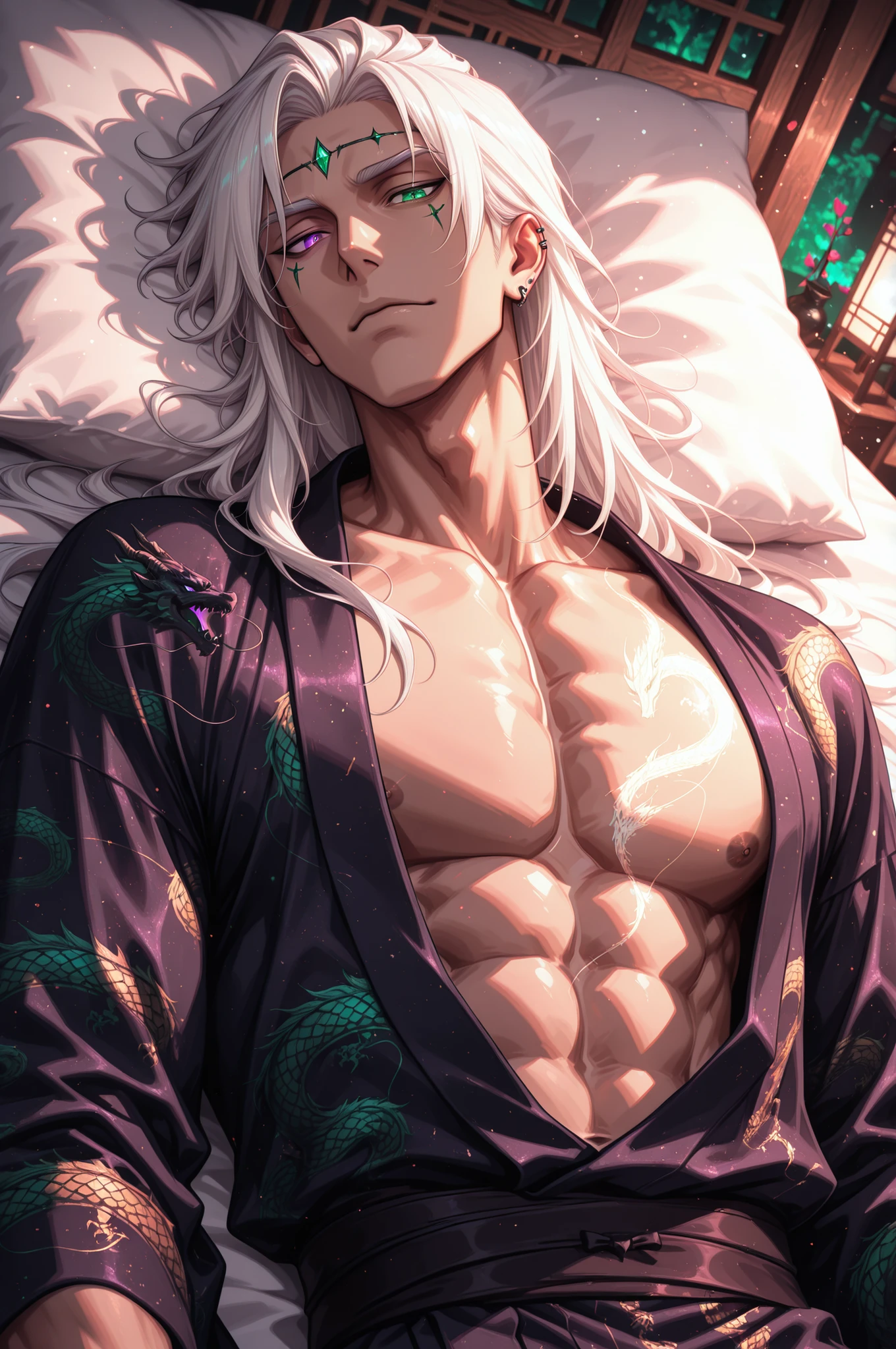 male, handsome, tall, finely detailed purple and green heterochromia eyes and detailed face, puffy lips,, ((very long white hair)), more details, humanoid dragon-god, looking at the viewer, light skin, lying down on bed, detailed textures, (((male focus))), masculine, semi-realism, single character, black yukata, piercing,masterpiece, best quality, ultra detailed, 8k unity wallpapers, ray tracing, illustration, colorful, cinematic shadow, extremely detailed background, fantasy character, dnd,bishounen,tsurime,, ultra-detailed, intricate details,masterpiece, best quality, amazing quality, hyper-detailed, newest, very aesthetic