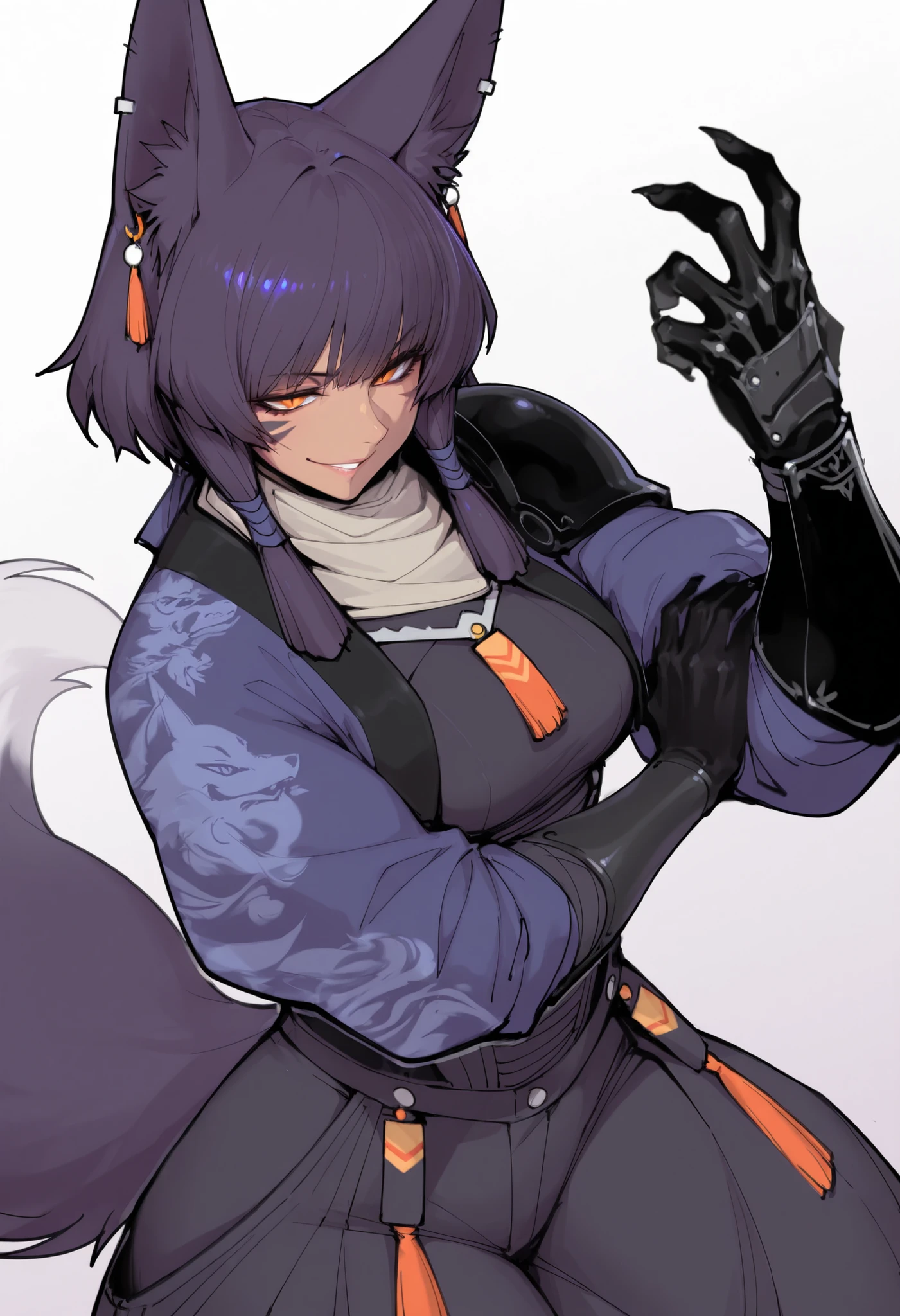 gorgeous kitsune girl, beautiful face, kitsune, hair of ash-purple color, beautiful woman, orange eyes, slit pupils, personalami style, volputrous body, toned woman, curvy and athletic, fox ears, short hair, dark adventurer jacket, buggy pants, single pauldron, single vambrace, single gauntlet, black hands, fox tail, sly smile, attractive proportions, defined athletic arms and legs, athletic lanky body, fox ears, calm dominant expression, hair tubes, half-closed eyes, medium breasts, huntress, masterpiece, ultra definition, simple white background