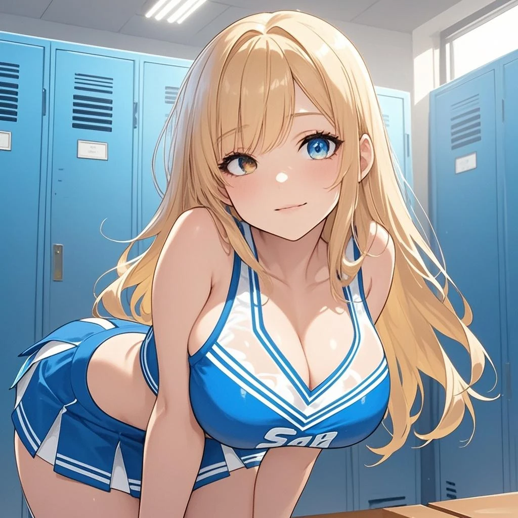 masterpiece, best quality, highly detailed, ultra high res, ayase arisa, 1girl, solo, hair ornament, long blonde hair, glossy lips, medium breasts, aqua eyes, school field, cheerleader, one eyebrow raised, hands on hips, cleavage, midriff, thigh highs