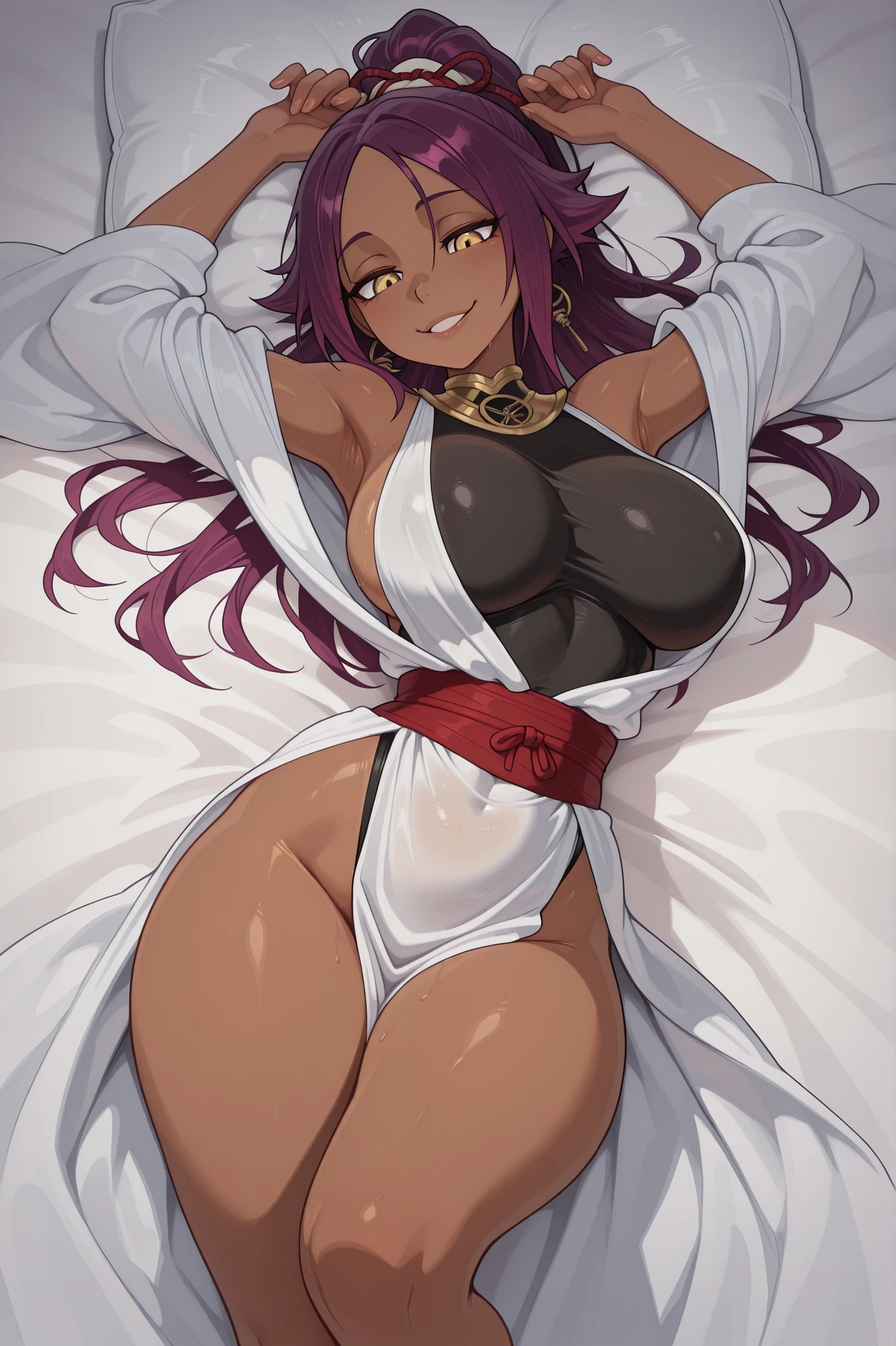 a sexy shadow wizard milf with thicc thighs and large breasts, has a purple cloak and hood on that only shows her purple eyes, laying back on a couch, sexual pose, has ebony skin