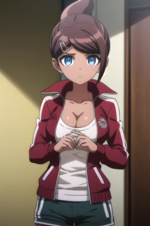 Aoi Asahina, short hair, bangs, blue eyes, brown hair, hair ornaments, ponytail, hair clip, black skin, Dark skinned woman,Oily skin,troubled face, (ecstasy:1.3) ,(slut:1.2),(vulgarity:1.3),(fucked silly:1.1),(steam:1.1),(wet:0.8),(trembling:0.8),(tears:0.7) ,(drooling:0.6),(sweat:1.1), BREAK shirt, long sleeve, cleavage, clavicle, Jacket, white shirt, open clothes, shorts, hair clip, open Jacket, red Jacket,((huge athletic breast)),cleavage,(shirt lift),((show off bra)),(slender stomach)),,((slender)),(black bra:1.2), BREAK outdoors, classroom, BREAK looking at viewer,breast close-up, BREAK (masterpiece:1.2), highest quality, High resolution, unity 8k wallpaper, (figure:0.8), (detailed and beautiful eyes:1.6), highly detailed face, perfect lighting, Very detailed CG, (perfect hands, perfect anatomy),