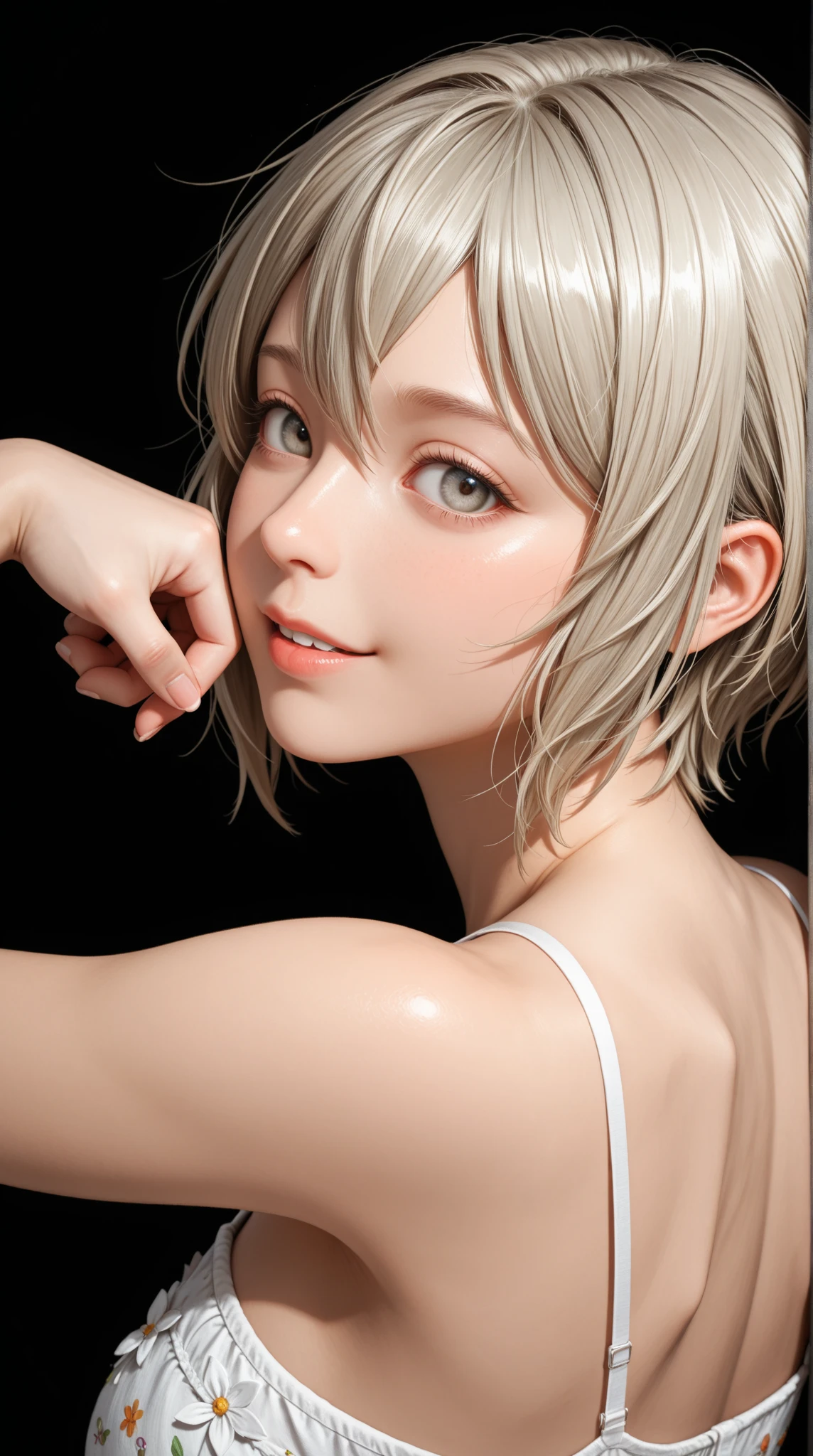 (Highest quality, 4K, 8k, High resolution, masterpiece:1.2), Very detailed, (Realistic, photoRealistic, photo-Realistic:1.37),Japanese,(Dull blonde pixie cut)woman,(Black choker:1.0)Large Breasts、Orgasm Facial、Face close-up、Completely naked、shower room、Wet Hair、Wet Skin