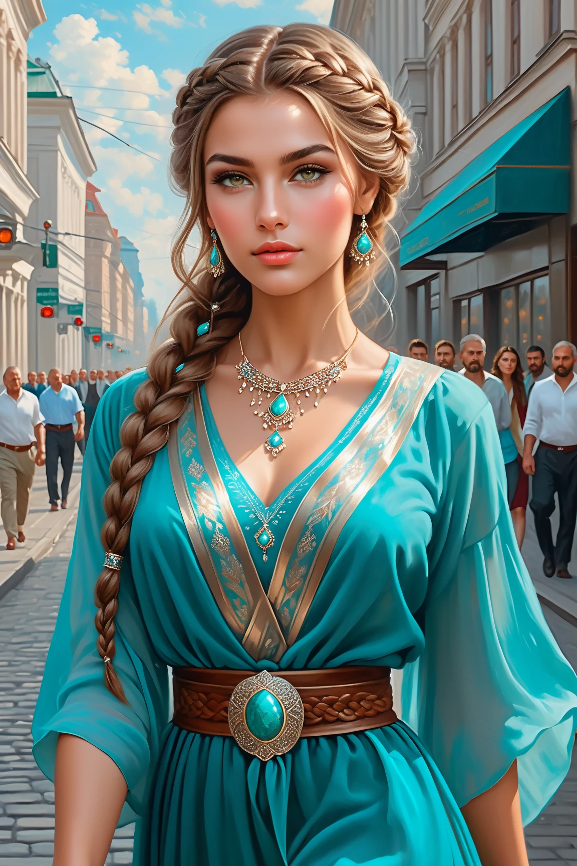a tall girl wearing a short dress wearing decorated with jewelry walking on the streets who has blue eyes, slim waist, heart shaped lips, pointed nose, v shaped chin, and her hair is long. 