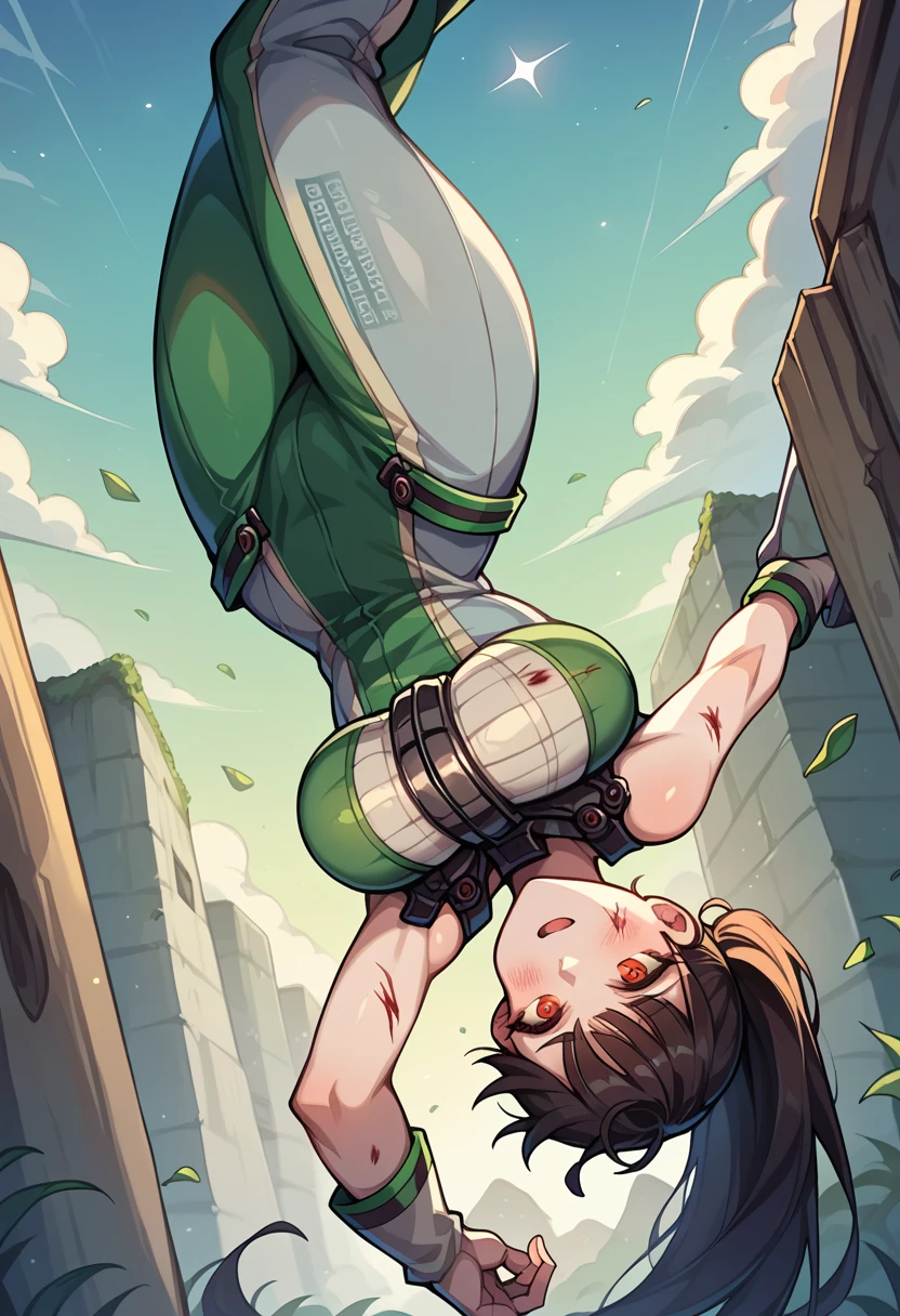 score_9, score_8_up, score_7_up,,BREAK source_anime, standing, legs apart, bent over, upside-down,straight-on,(breast focus),mediumshot,1girl, yuffie kisaragi, final fantasy, short hair,headband,navel,sleeveless,turtleneck,brown eyes,sleeveless turtleneck,solo,breasts,,smile,gloves,crop top,brown hair,shorts,midriff,,sweater,open fly,fingerless gloves,ribbed sweater,medium breasts,(under_boob),yufi_kisaragi,smirk,  (best quality),(aesthetic,very aesthetic),(masterpiece, highres), (anime screenshot:0.8),