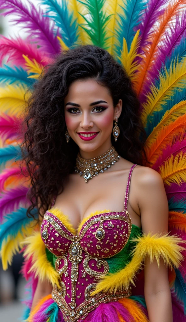 (selfie :1.5),(,Beautiful Brazilian wears a feather-decorated straw hat and an off-the-shoulder lace dress. The skirt is made of feather decorations of various colors, exquisite feather pendants, earrings and gemstone bracelets.Nice and round breasts and bottom. (, mixed media drawing, by Carne Griffiths and Artur Bordalo. Highly Detailed, High Contrast, 24K, OctaneRender,