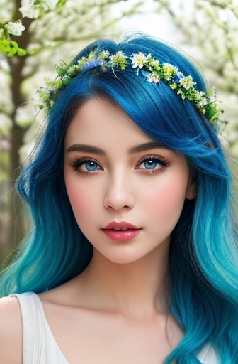 ultra realistic 8k cg, (((ultra detailed background, delicate pattern, intricate detail, highly detailed, fine details))), best quality, (photorealistic:1.4),beautiful lighting, absurdres, RAW photo, film grain, ((medium breasts, slim girl)), KozukiHiyori, 1girl, solo, hair ornament, closed mouth, hair flower, japanese clothes, makeup, kimono, lipstick, aqua hair, blue eyes, long hair, hair stick, smile, kanzashi, ((complex detailed background, blue sky, nature environment, close-up, portrait, clear face)),