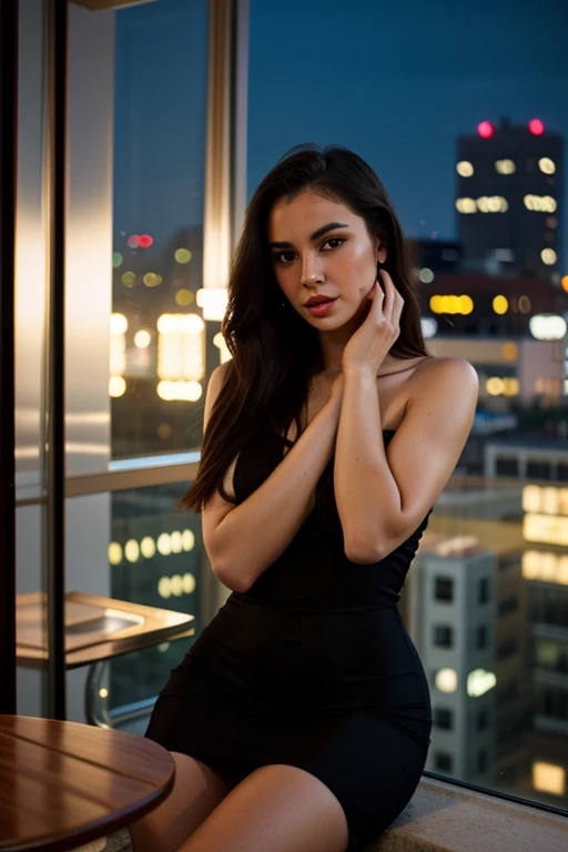 Hot Latina Beauty Woman、brown haired、Brown eyes、Black tank top、City at night、Red Rouge、