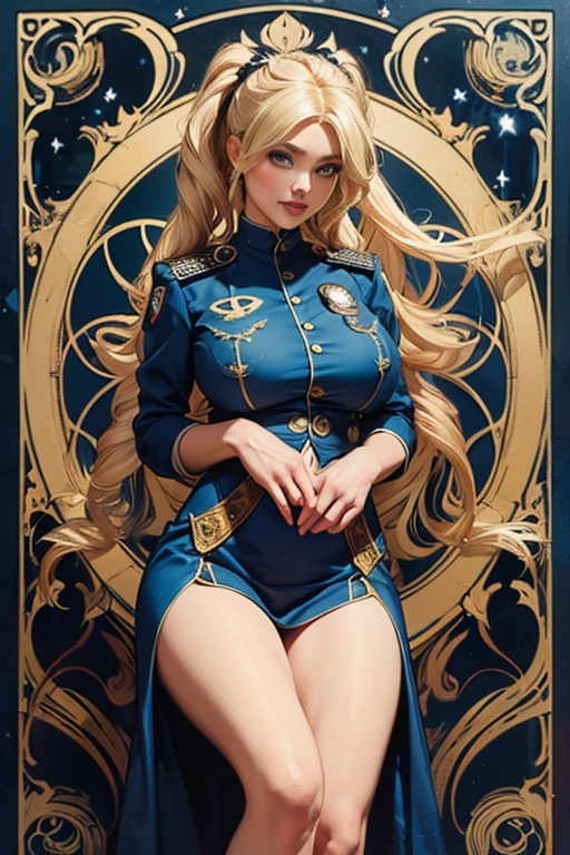 (4k, ultra high resolution, Prominence in Masterpiece, High Quality, Best Quality: 1.2) full body, 1 female, solo, 1girl, 1woman, lustful smirking smile blush, looking at viewer, sitting, blonde hair, long hair, (black jacket), beautiful and detailed face, detailed eyes, looking at the viewer (grey theme) close jacket (aesthetic clothing) hands on hips, wide hips, blonde long hair, blonde drill hair, blonde twin drills hair, blue wizard hat, Handcuffs on their hands, With a collar around the neck