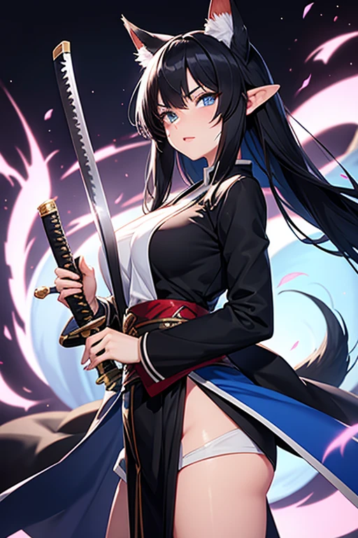 Adult elf with lapis lazuli hair wearing a kimono holding a Japanese sword　Knife 1.5　