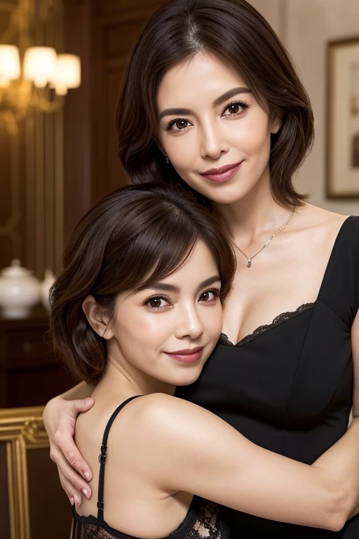 最high quality, 8K, Vibrant, Sharp focus, high quality, High resolution, Middle-aged women, Mature Woman, 49 years old, (Esbian all over), (Facial details in high heels, Highly detailed eyes, Thick lips, Plump figure、Plump face、((Big Tits 1.8))、((On a white blouse))、Navy blue tight skirt、Love hotel room、Random hairstyle、A kind smile、
