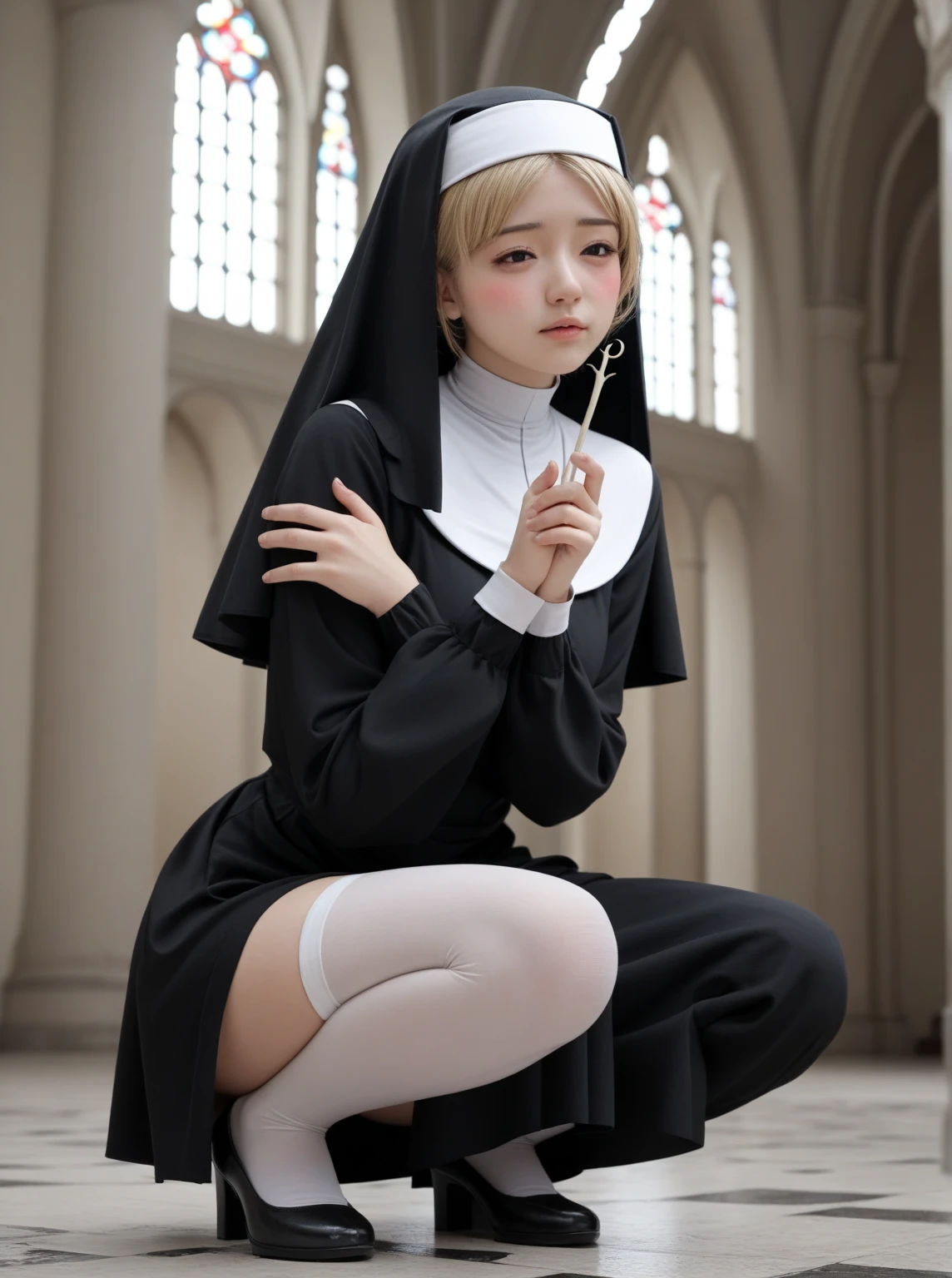 A girl. Golden hair. Black cloth headwear.A nun's uniform. Black headband. big .Cross necklace.White stockings. Black red soled high heels. Clothing details. Details of stockings. Expose thighs.Oil shined thighs. Black and white nun uniform, squatting