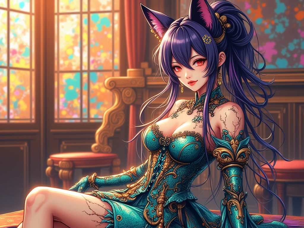 ((highest quality)),(ultra high resolution),(Super detailed),(detailed description),((best CG)),(best work of art),super precision art,amazing drawing art,(Fantasy art with precise details:1.5), (female werecat:1.7),(shaggy cut:1.4),(detailed embroidery:1.5),(A long cat tail extending from the coccyx:1.6),smile:1.5,Bewitching:1.6, full moon:1.7,
